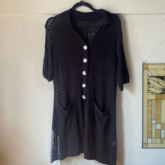 Vintage black crochet short sleeve button down romper - Picture 1 of 8